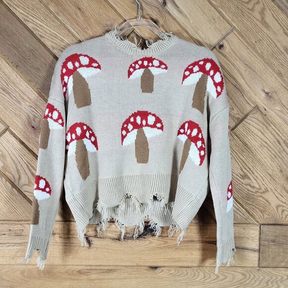 Just Polly Mushroom Pattern Distressed Beige Knit Sweater Size S Oversized NEW - Picture 2 of 7